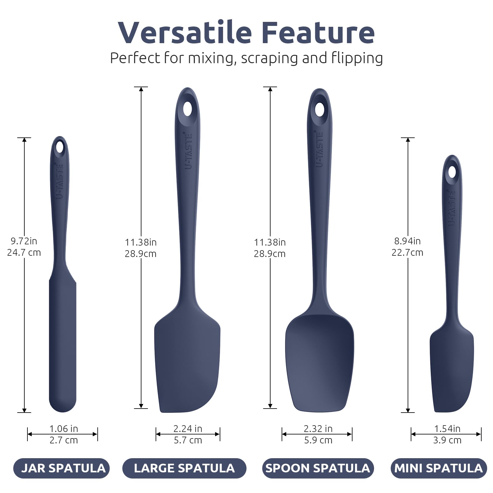 U-Taste silicone spatula with flexible head designed to reach bowl corners.