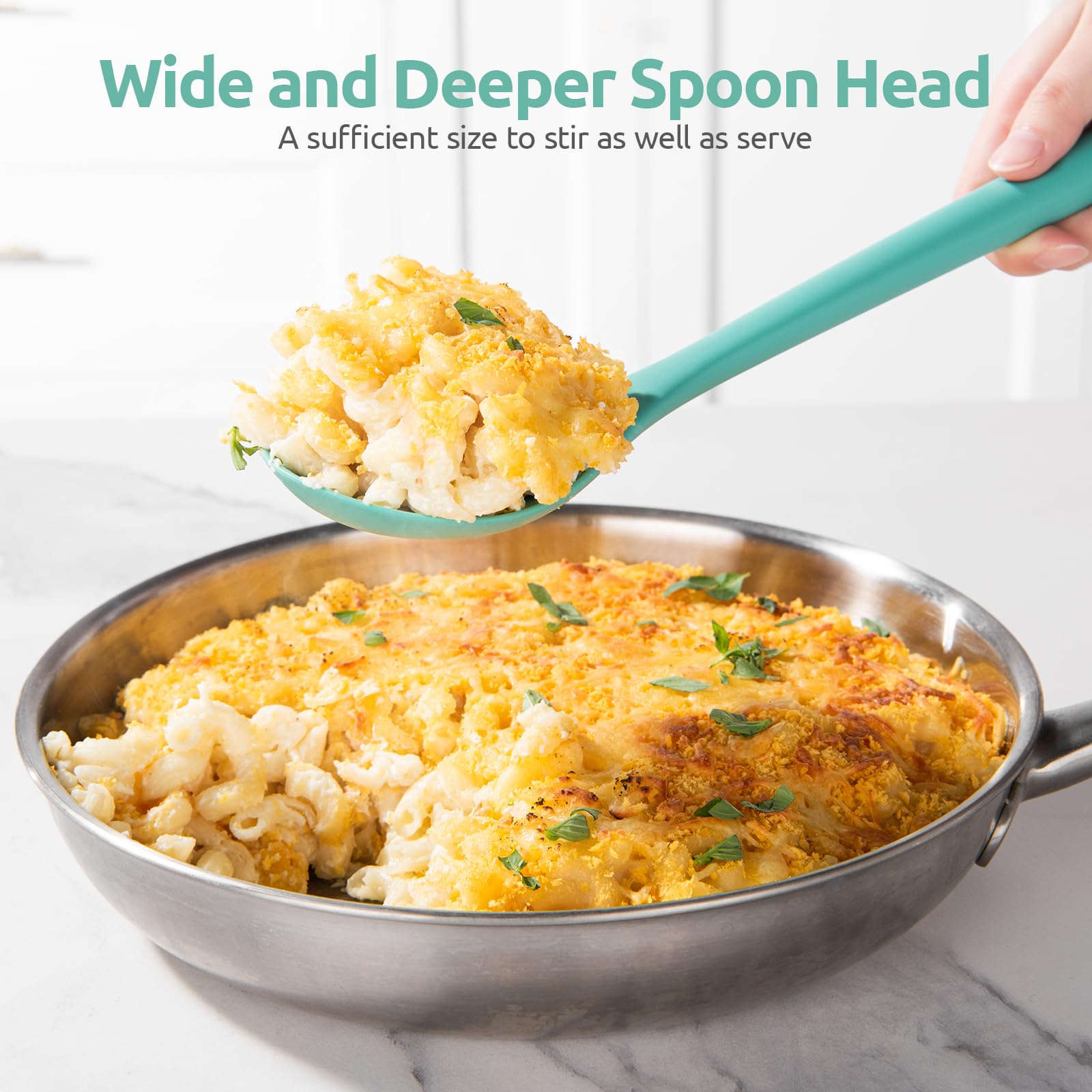 U-Taste sturdy spoon head scrapes edges while scooping thick sauces