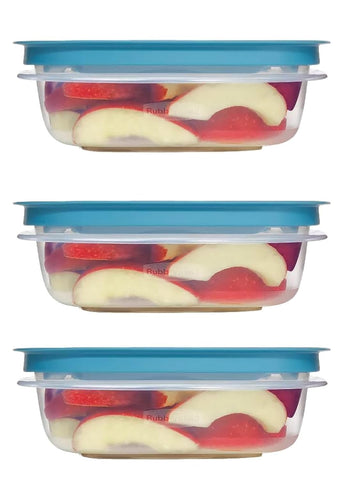 Utensilux Rubber Maid Flex & Seal 3-Cup teal container with leak-proof lid for meal prep.