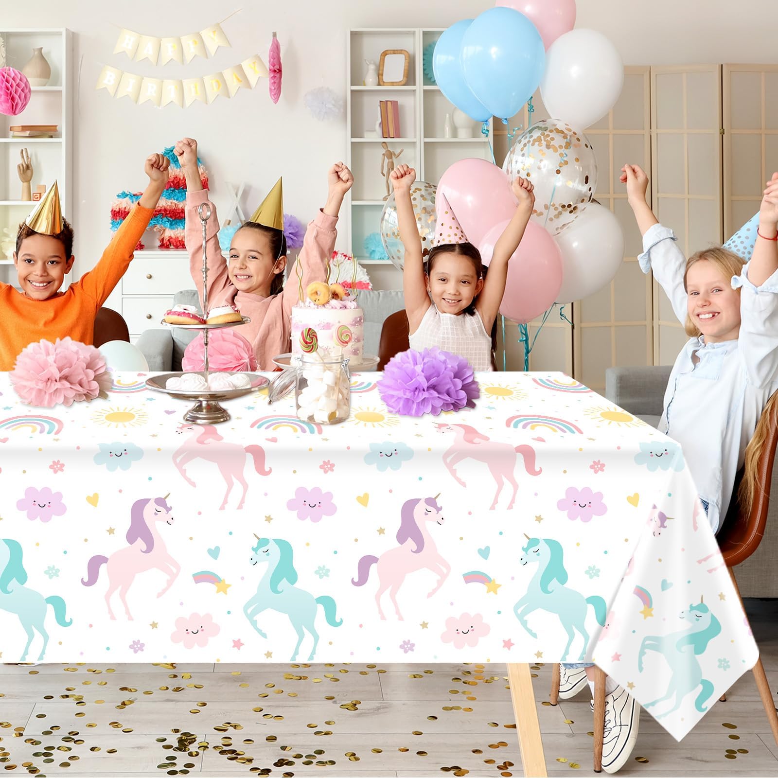 Set of 3 tablecloths coordinates with unicorn party decor for easy matching.