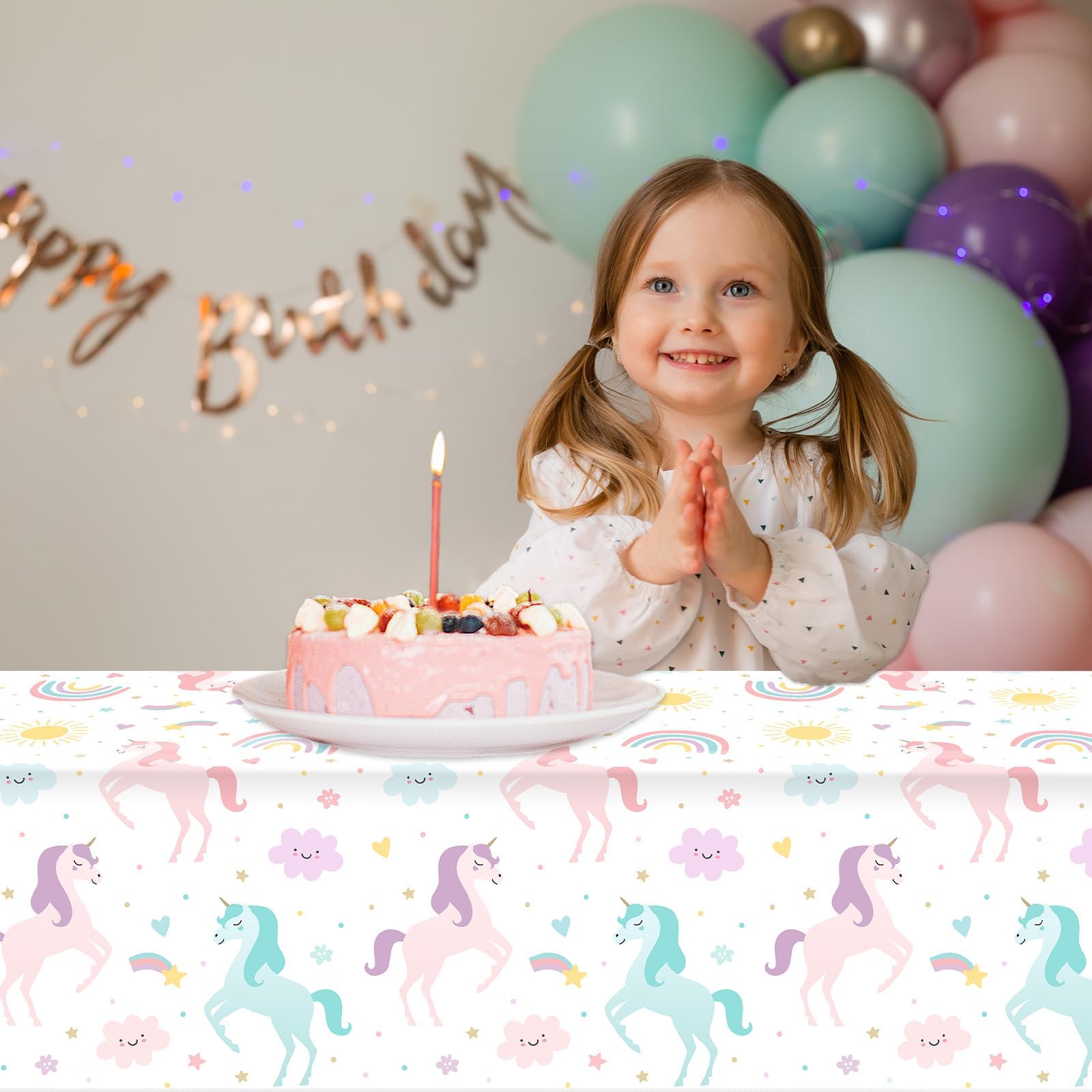 Utolily pastel unicorn design creates a magical party backdrop.