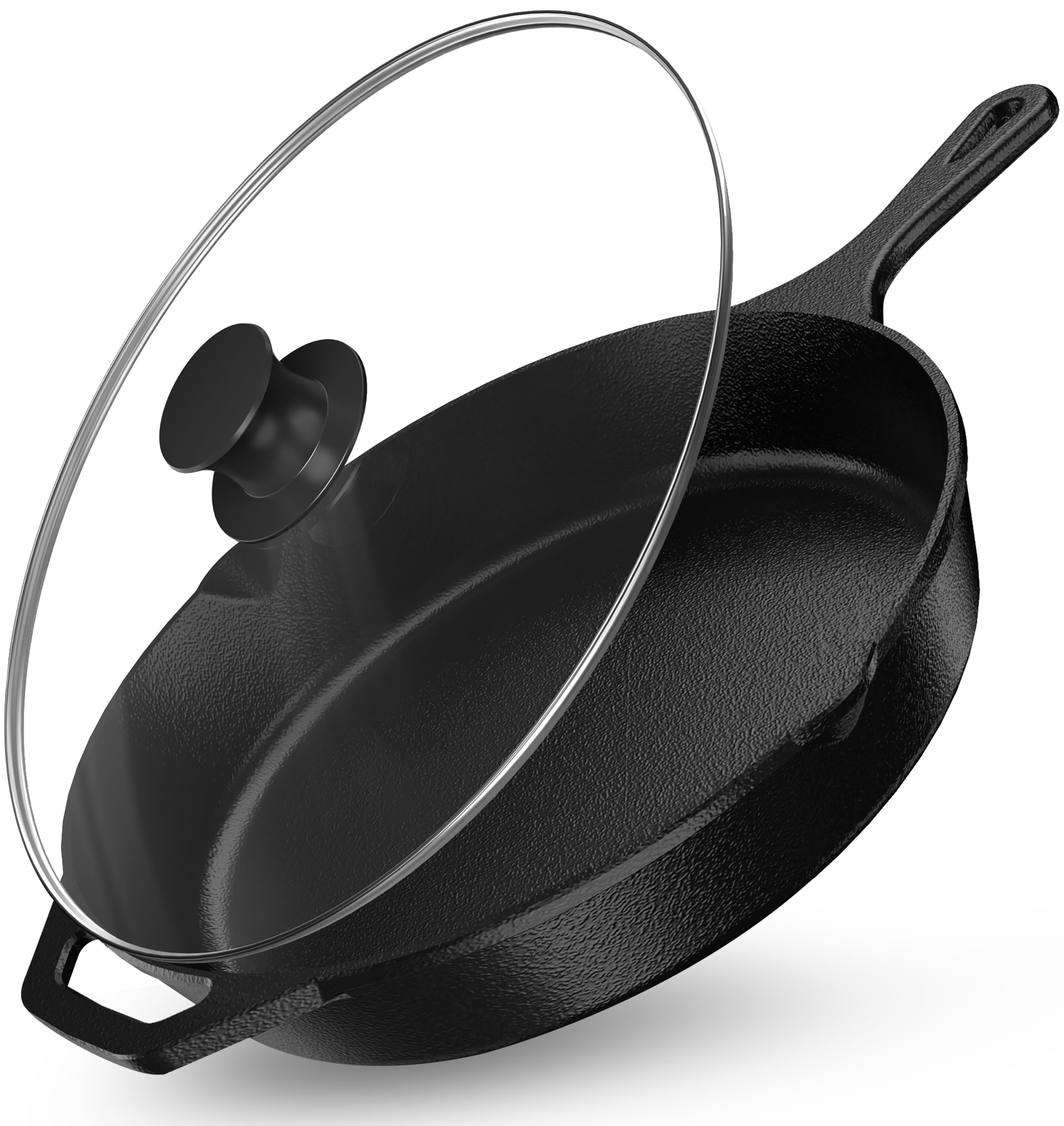 Utopia Kitchen 12-inch cast iron skillet top view highlighting even heat for searing