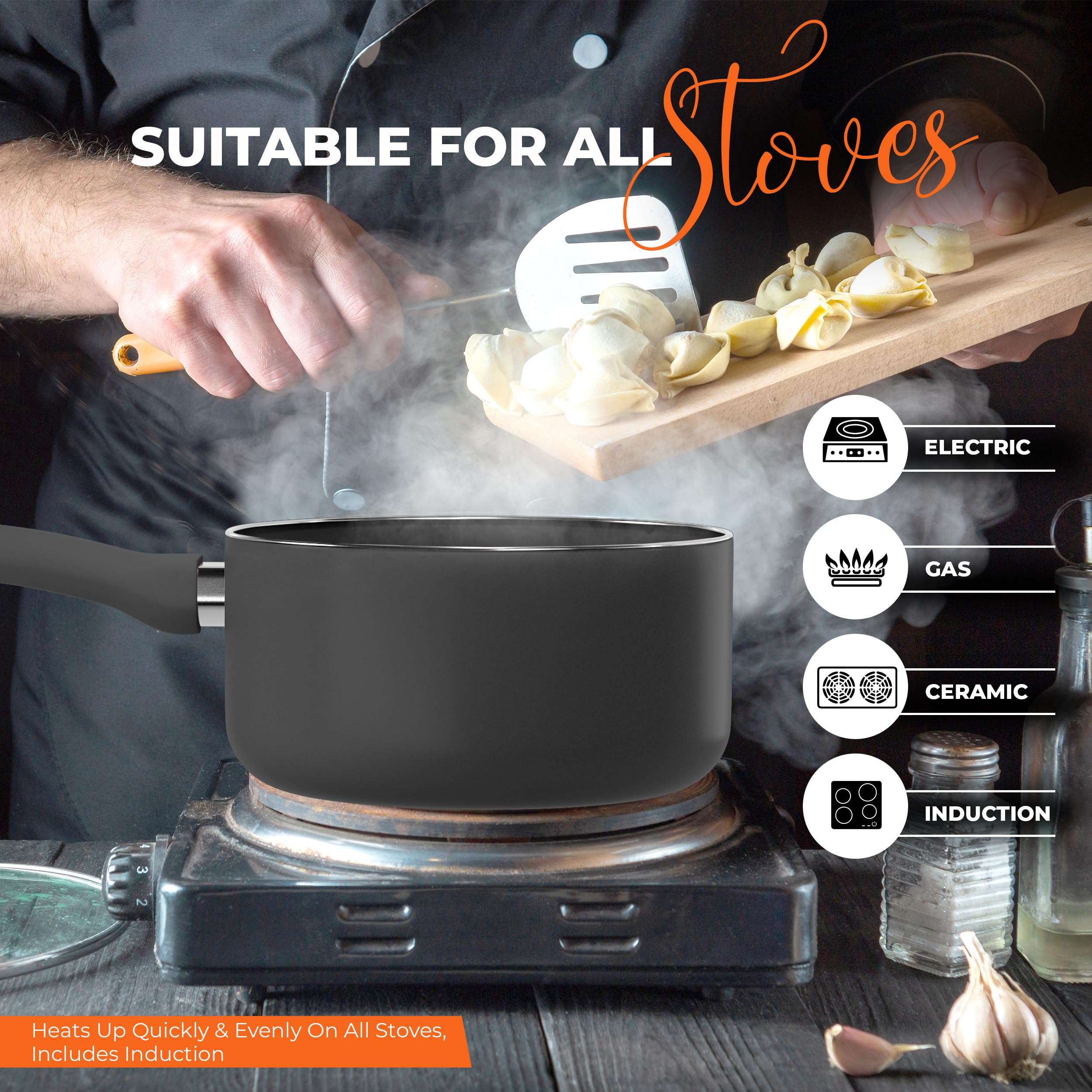 Utopia Kitchen Bakelite handle saucepan offers a secure grip during prep and serving.