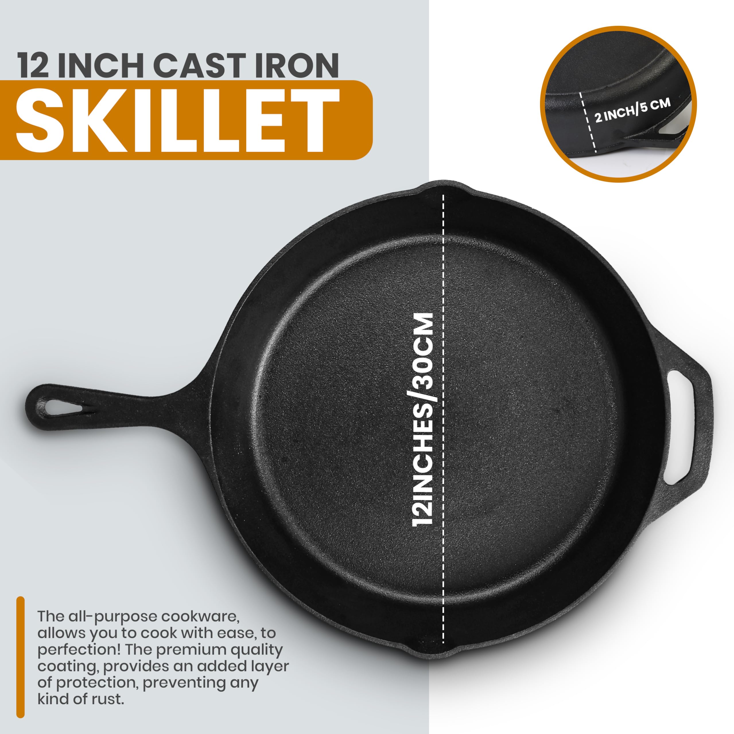 Utopia Kitchen cast iron skillet handle close-up for secure grip