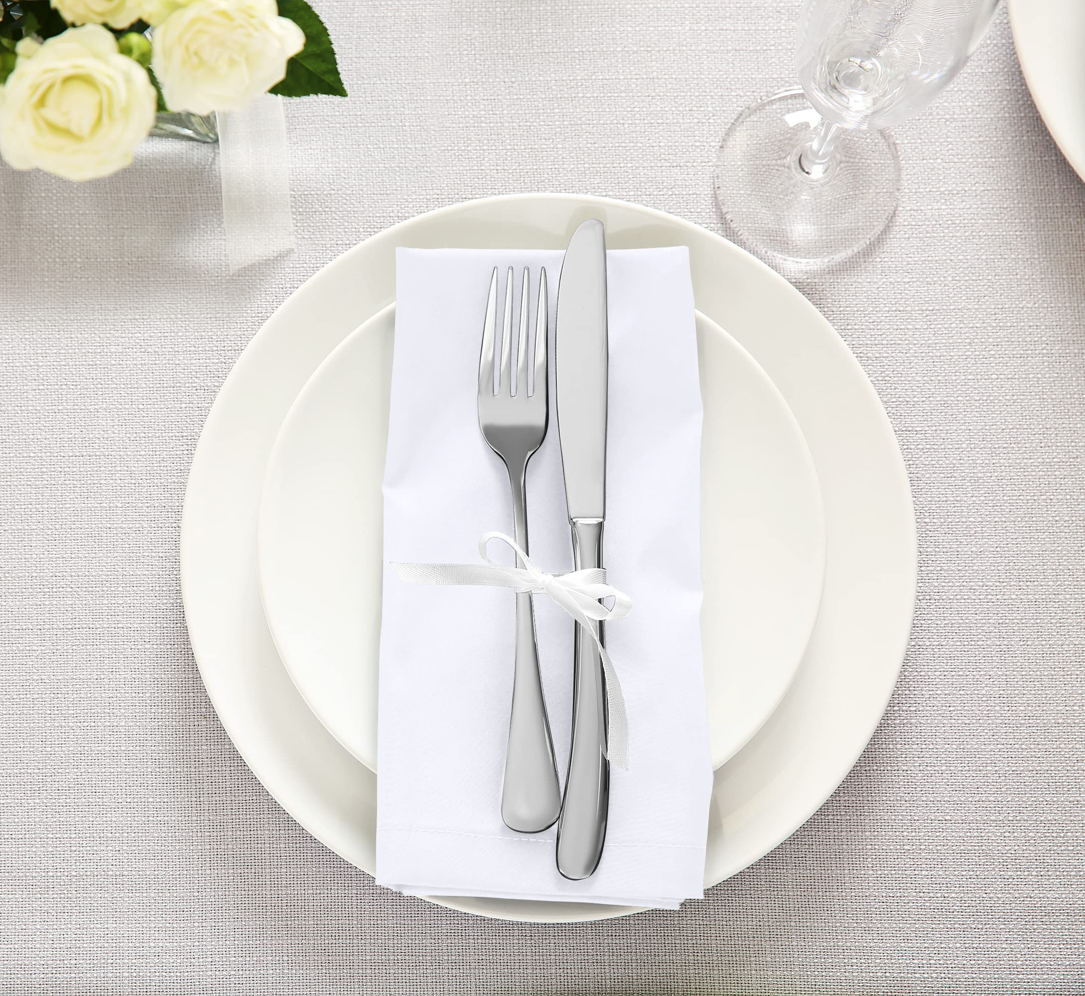 Wedding and banquet settings featuring Utopia Kitchen 18x18 inch napkins