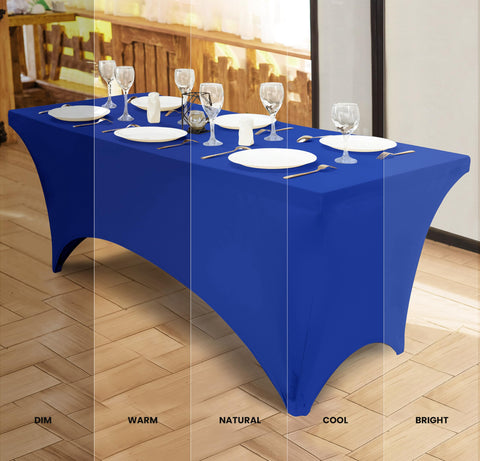 Wrinkle-free surface of the Utopia Kitchen spandex tablecloth in royal blue.