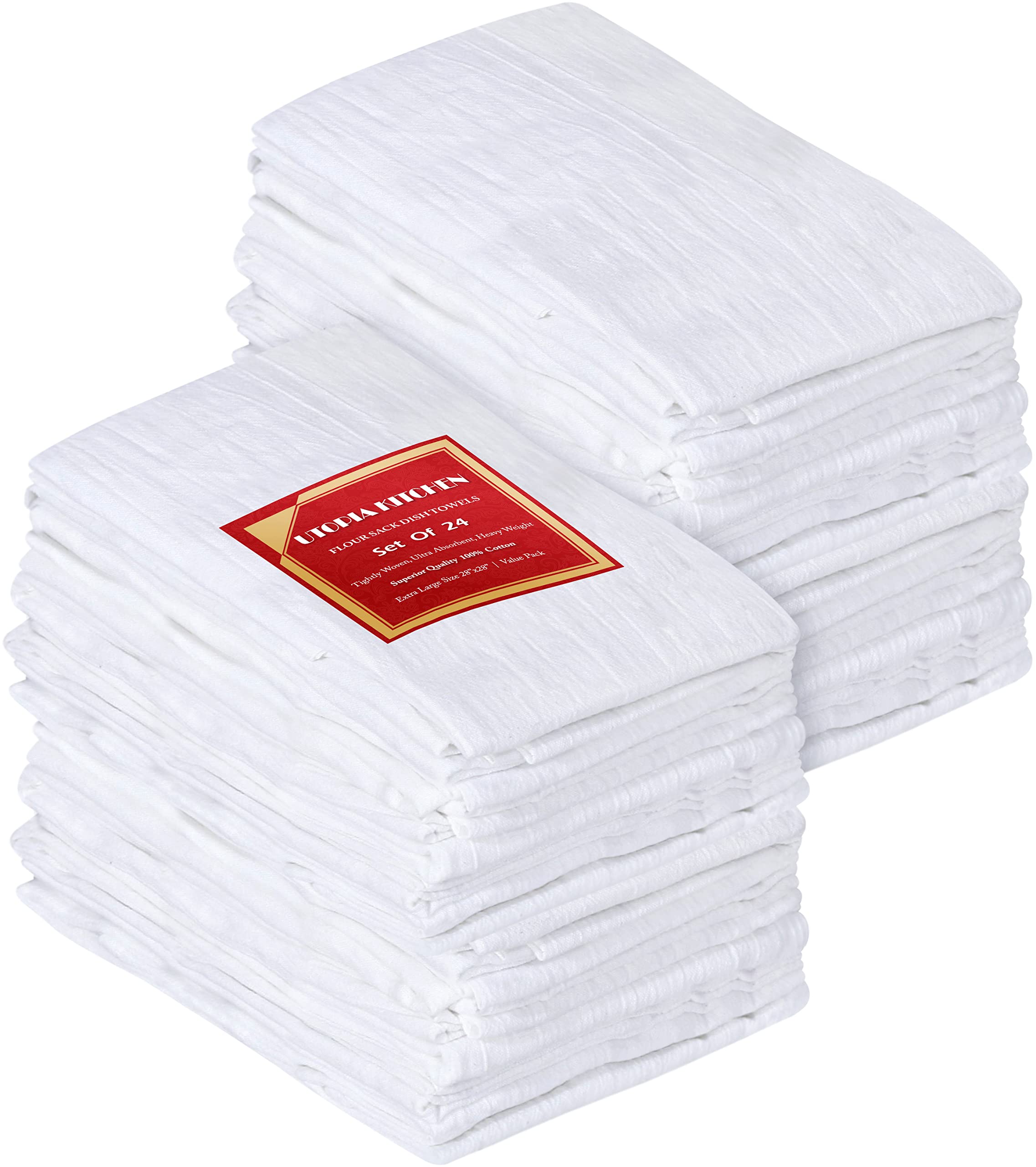 Utopia Kitchen flour sack towels 24-pack at 28x28 inches, ideal for daily kitchen use