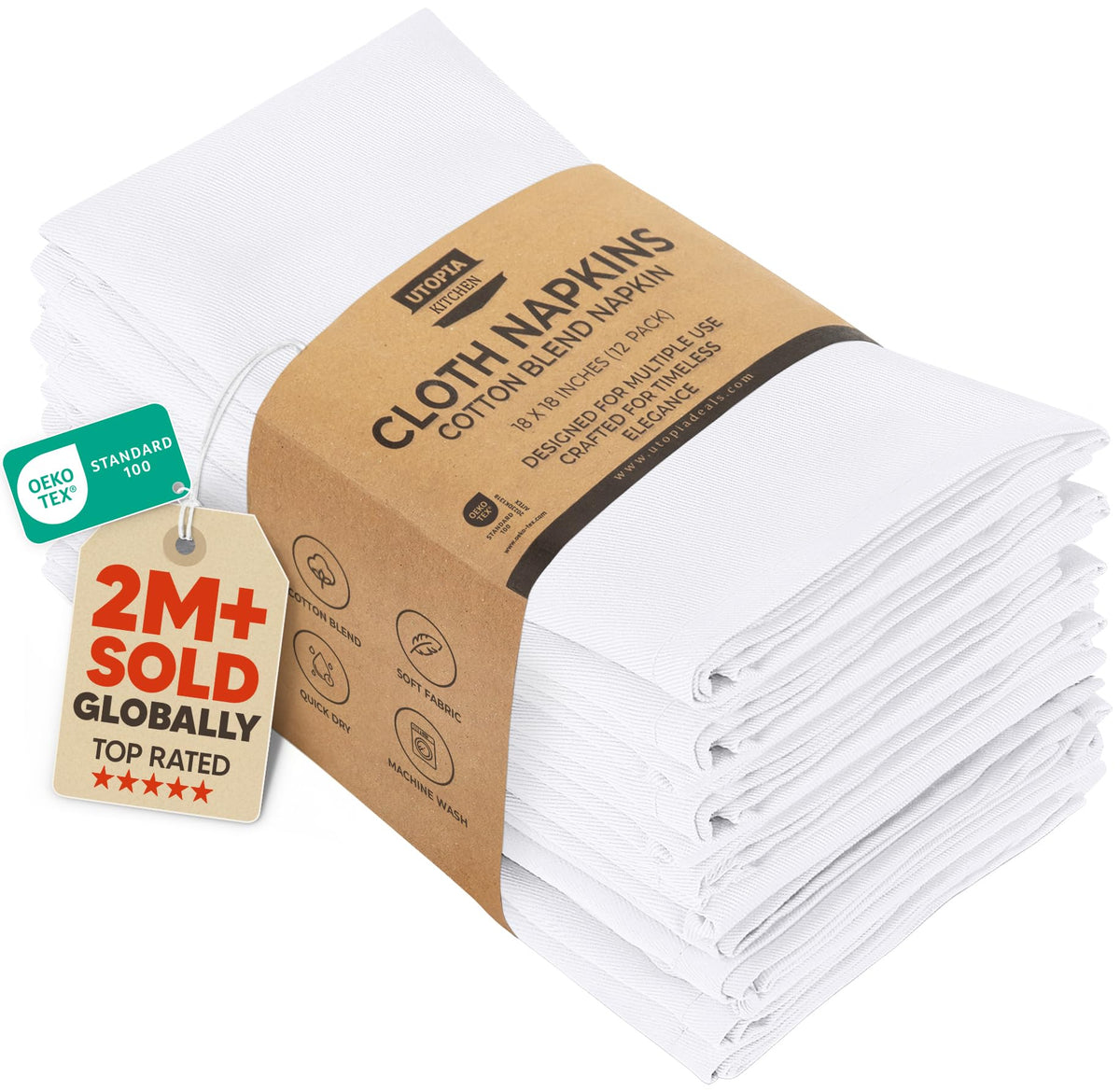 Utopia Kitchen white napkins, 12-pack, 18x18 inches for everyday dining and easy cleanup