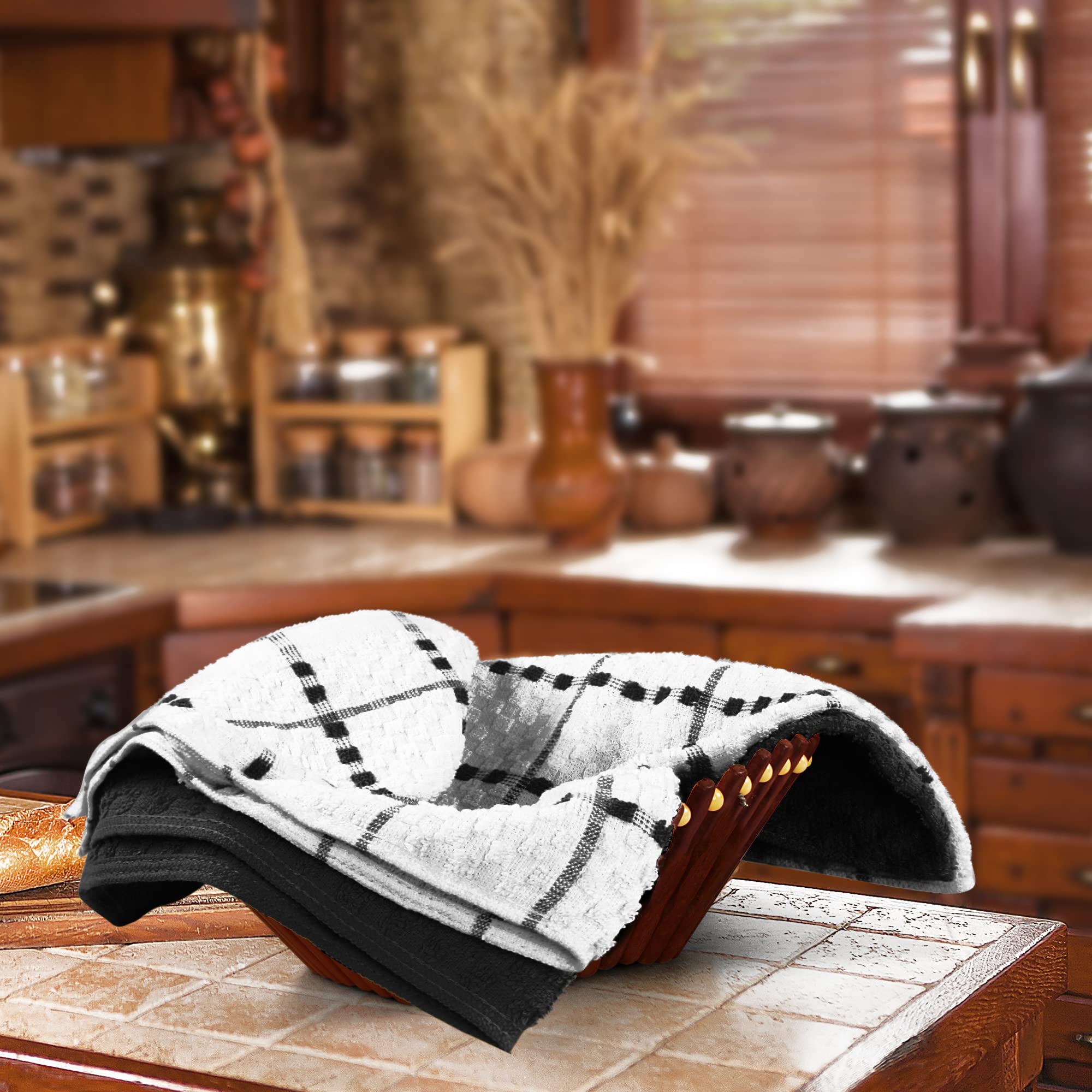 Utopia Towels black and white towels blend with any kitchen
