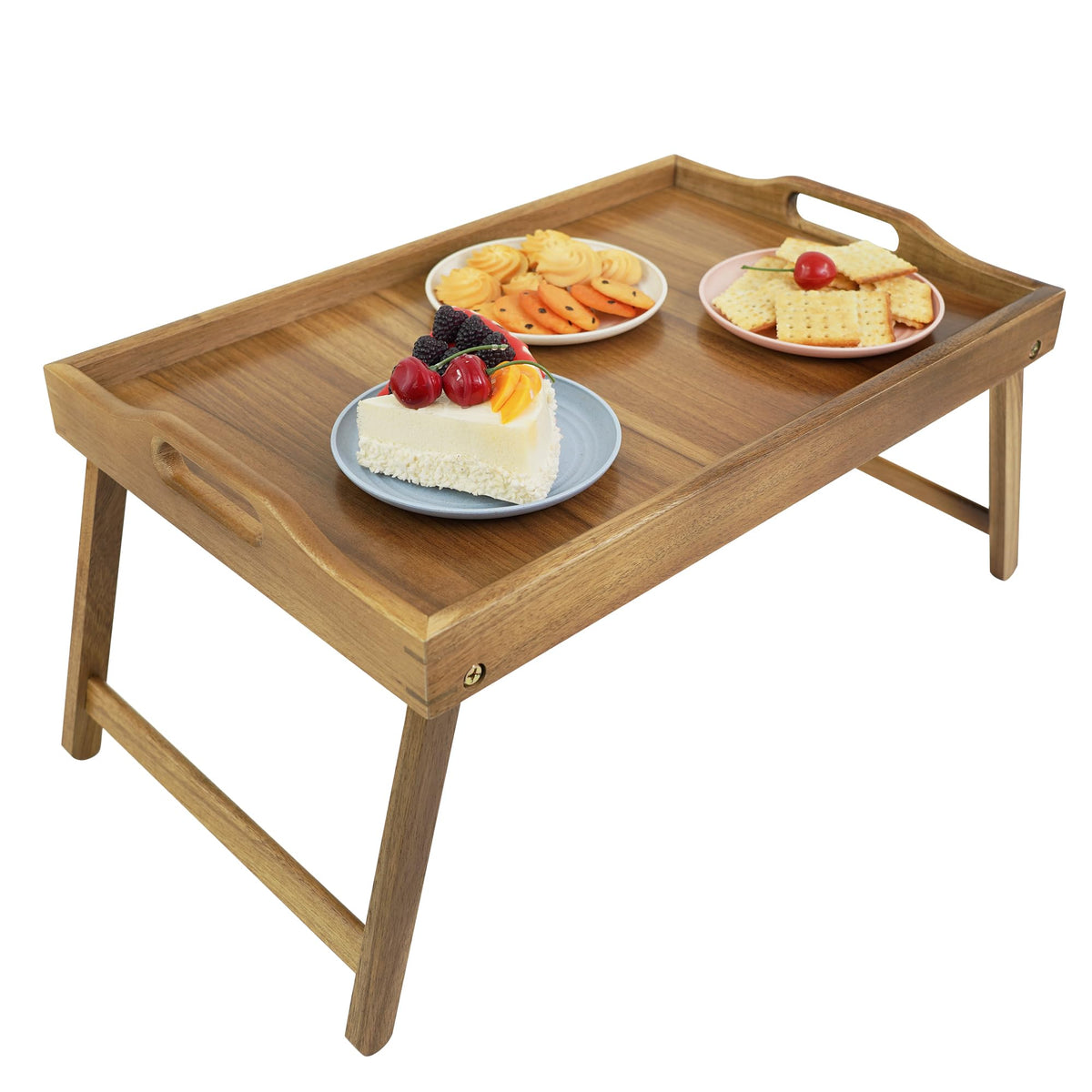 Utoplike Acacia Bed Tray with foldable legs for easy storage and versatile use.