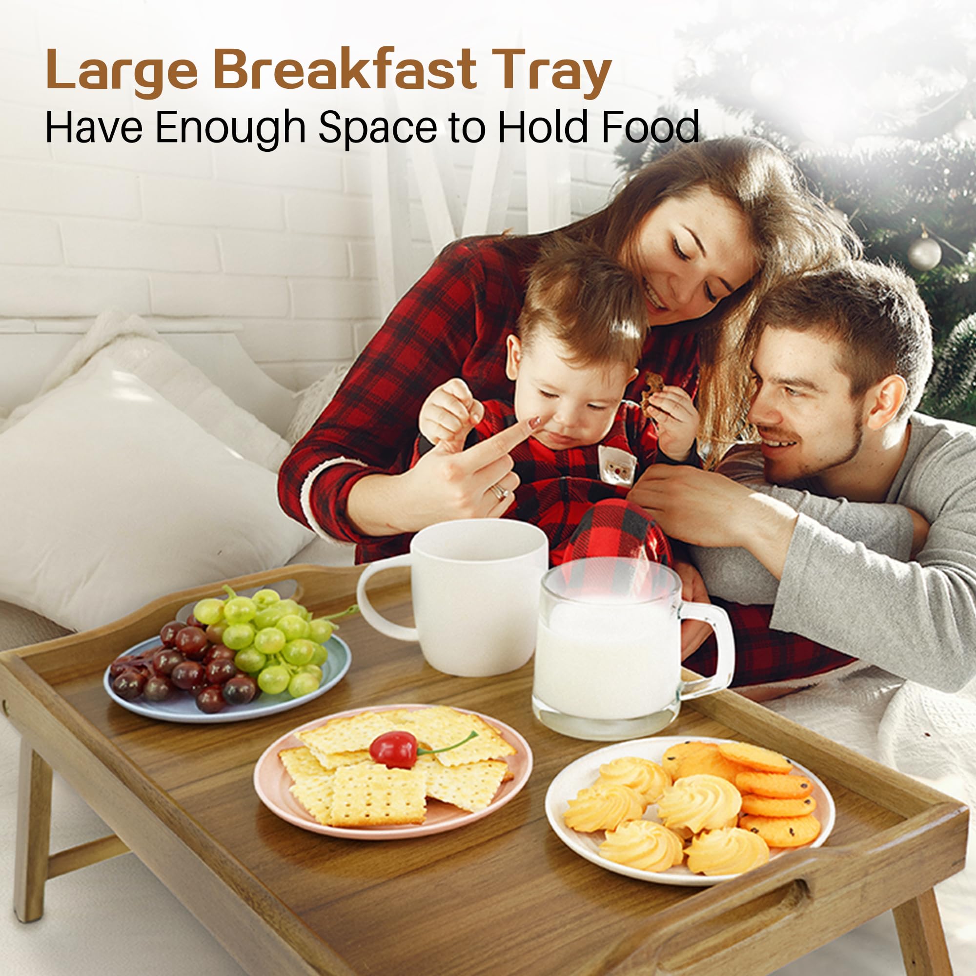 Utoplike Acacia Bed Tray in bed setup supports breakfast, laptop work, and crafts.