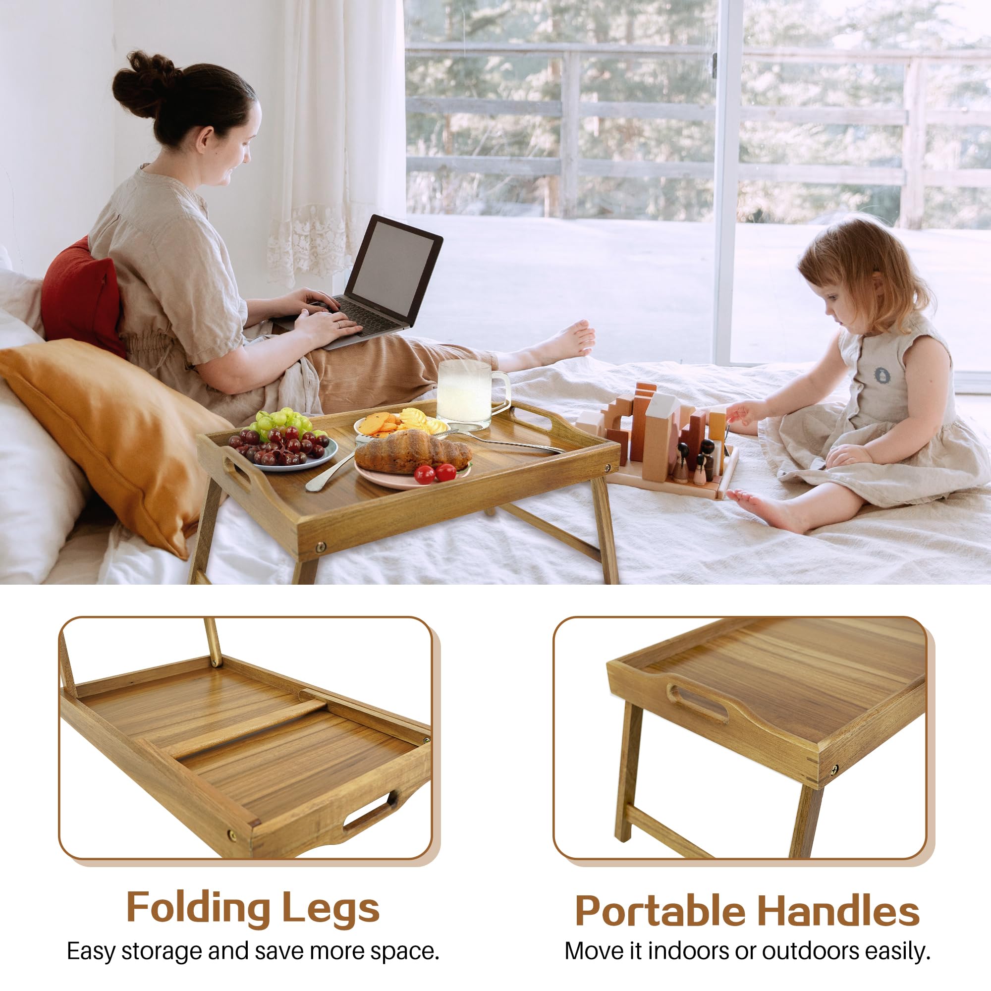 Utoplike Acacia Bed Tray spacious surface keeps meals and devices organized.
