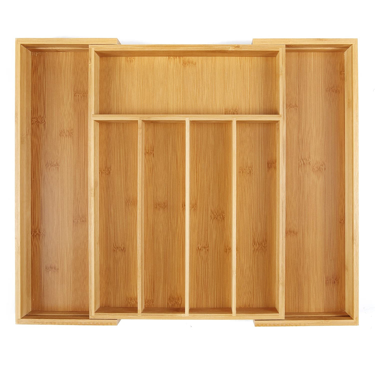 Utoplike bamboo cutlery tray front view shows a tidy, organized drawer.