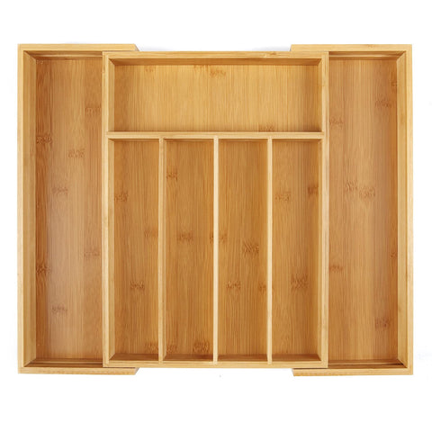 Utoplike bamboo cutlery tray front view shows a tidy, organized drawer.