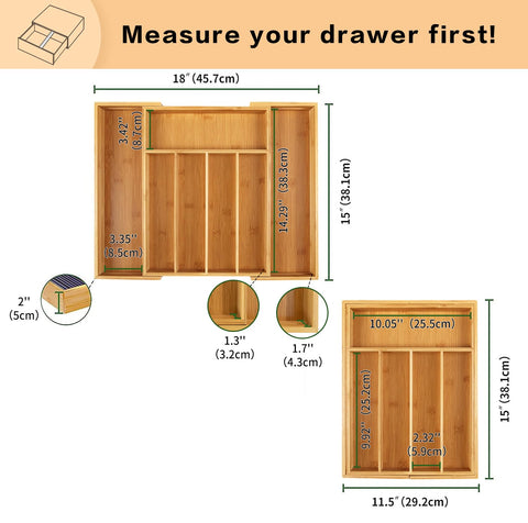 Utoplike bamboo cutlery tray with open extended layout shows larger compartments.