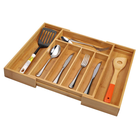 Utoplike bamboo drawer divider with adjustable compartments for versatile utensil storage.