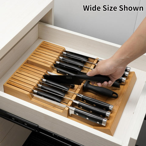Utoplike bamboo knife block fits standard drawers, preserving blade accessibility.