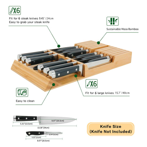 Utoplike bamboo knife block in-drawer organization keeps blades secure.