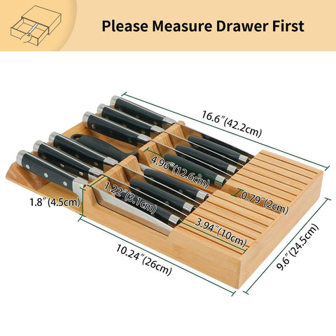 Utoplike bamboo knife block side view showing slim in-drawer profile.