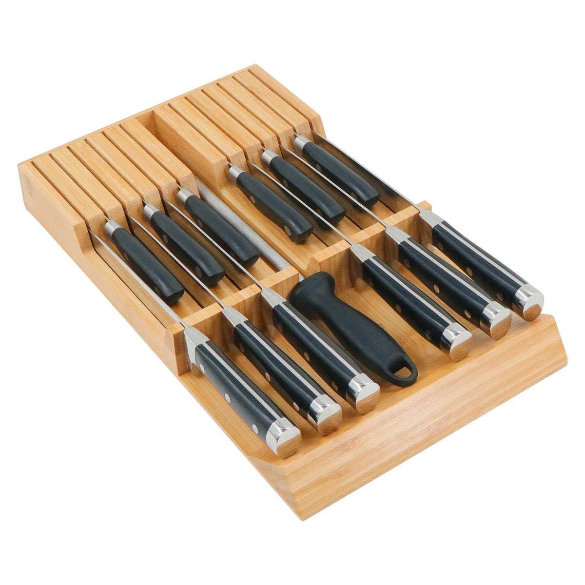 Utoplike bamboo drawer knife block top view for streamlined storage.