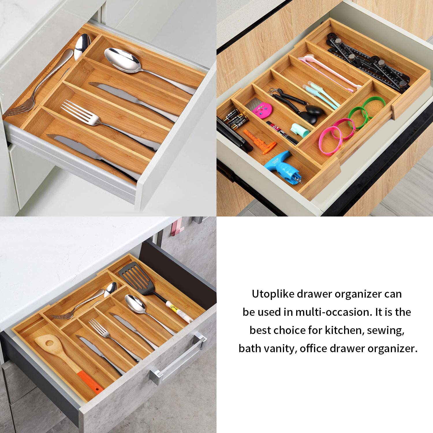 Utoplike bamboo drawer organizer easy-care surface ready for quick wipe-down.