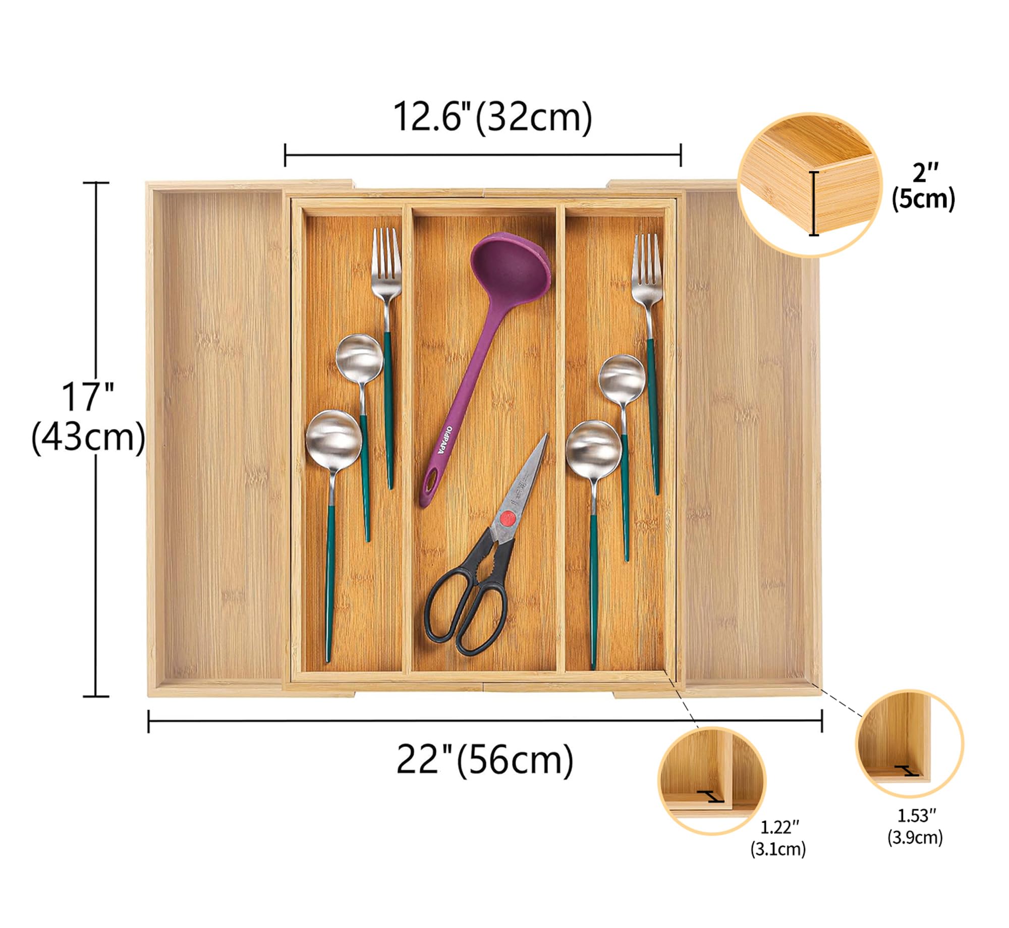 Utoplike bamboo expandable drawer organizer 3 to 5 compartments configuration