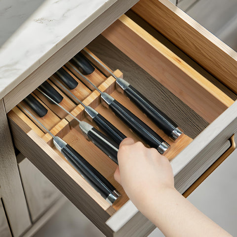 Utoplike bamboo knife holder with large handle support eases grabbing bulky knives.