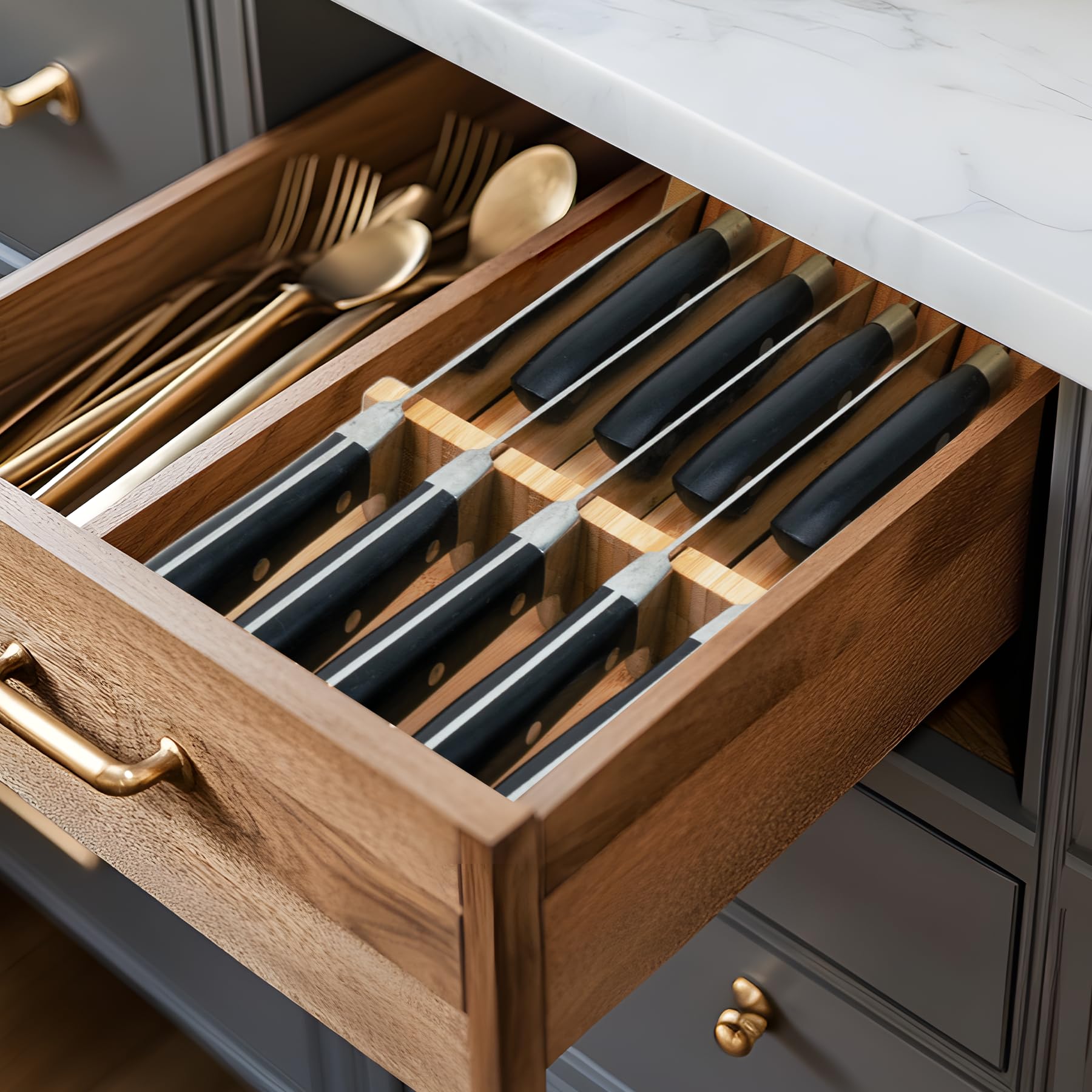 Utoplike bamboo drawer block preserves sharp edges with neat storage.