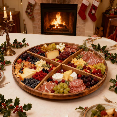 Utoplike fruit, nuts, and condiments neatly displayed on wood surface