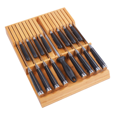 Utoplike in-drawer knife block keeps knives neatly organized and within reach.