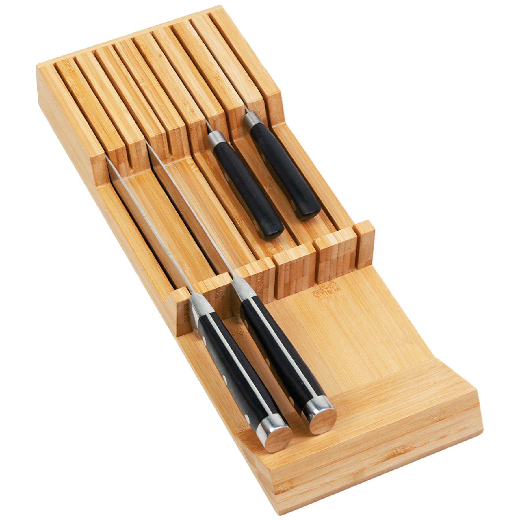 Utoplike knife drawer organizer in bamboo for tidy drawers and blade protection.