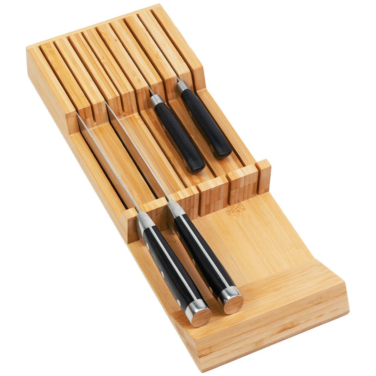 Utoplike knife drawer organizer in bamboo for tidy drawers and blade protection.