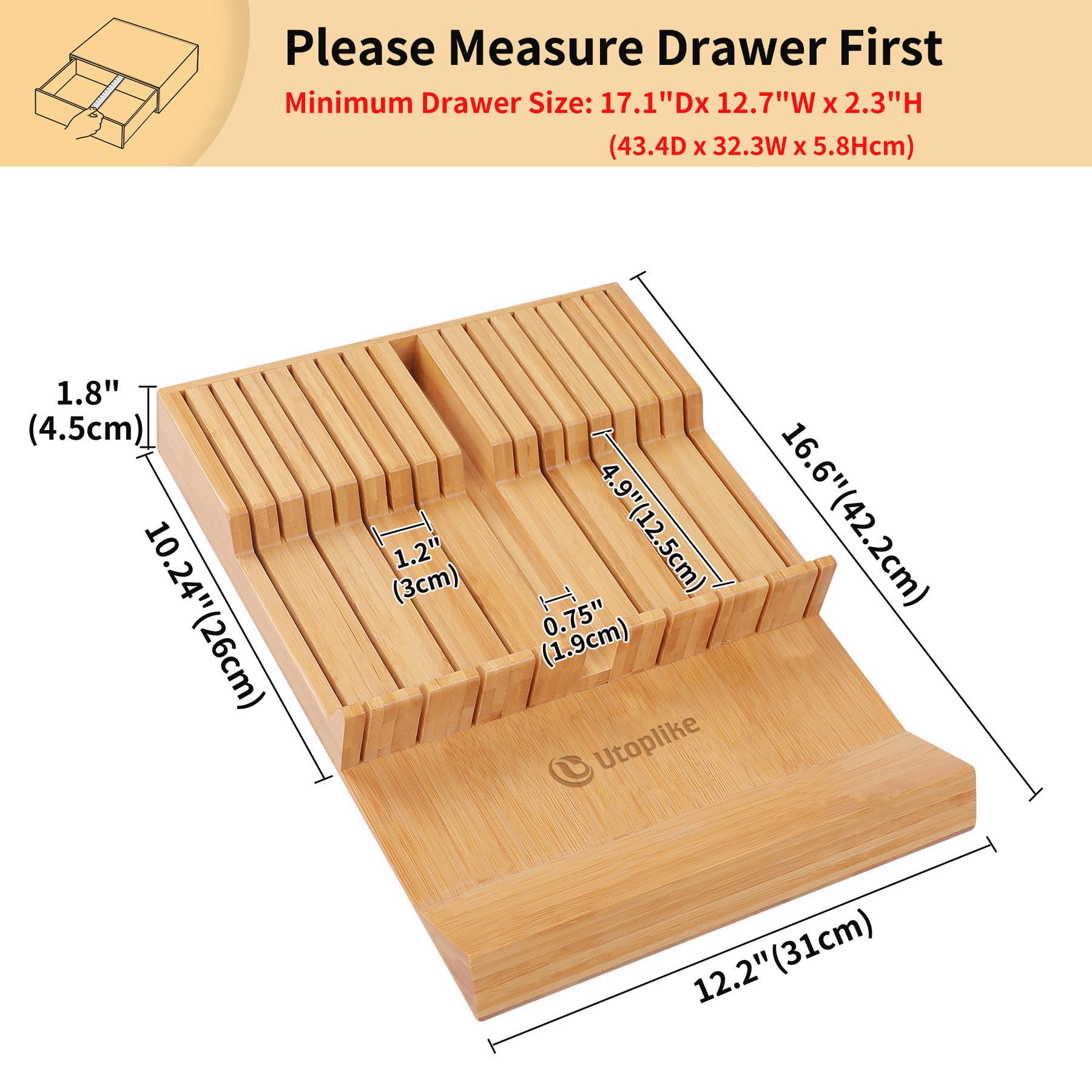 Utoplike knife slots for 8 steak knives keep blades secure.