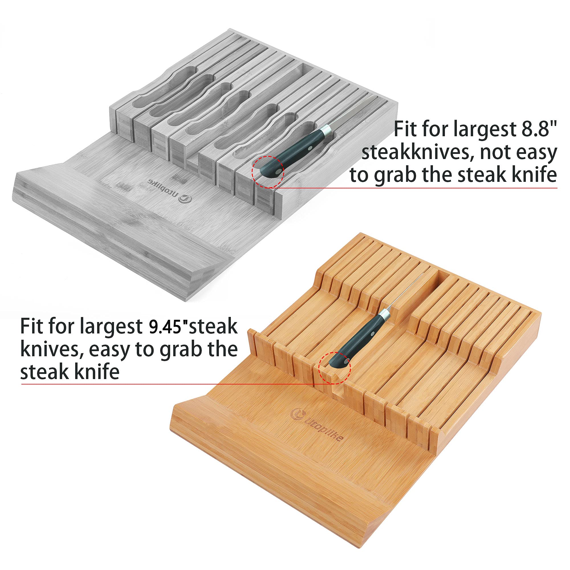 Utoplike middle slot holds sharpening steel for quick touch-ups.