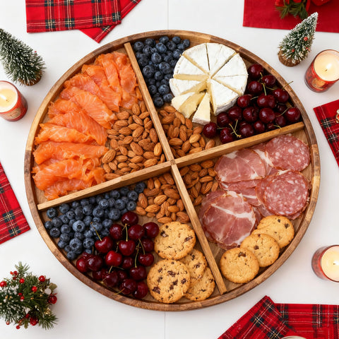 Utoplike snacks, cheeses, and desserts display on the round board