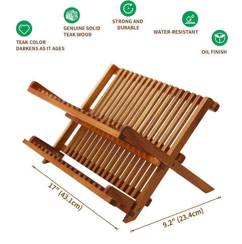 Utoplike teak dish rack with 15 plate slots for efficient vertical drying.