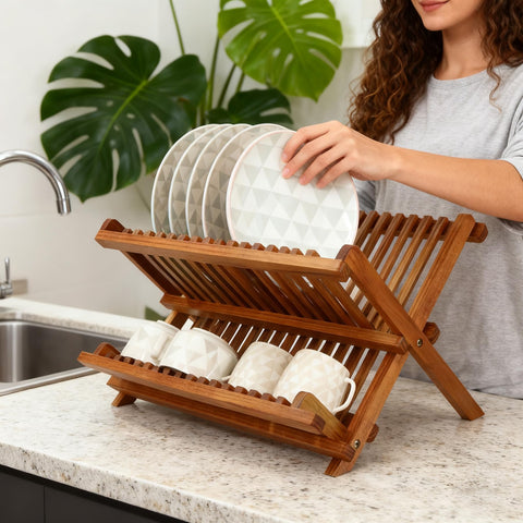 Utoplike teak dish rack fits standard kitchens and daily meal cleanup.