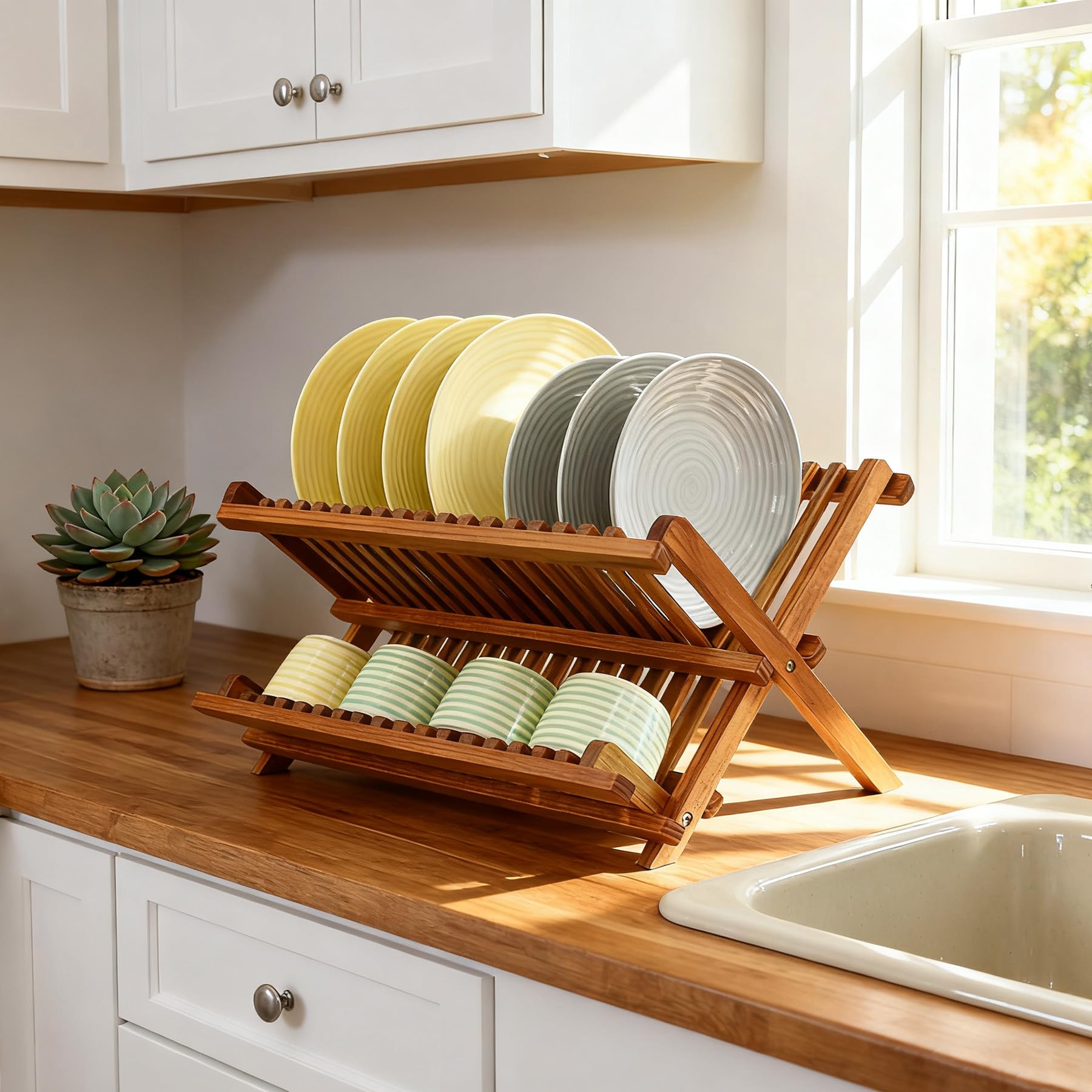 Utoplike teak dish rack collapsible design saves counter space when stored.