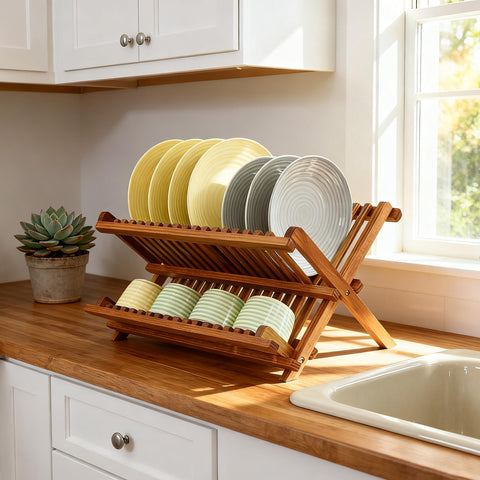 Utoplike teak dish rack collapsible design saves counter space when stored.