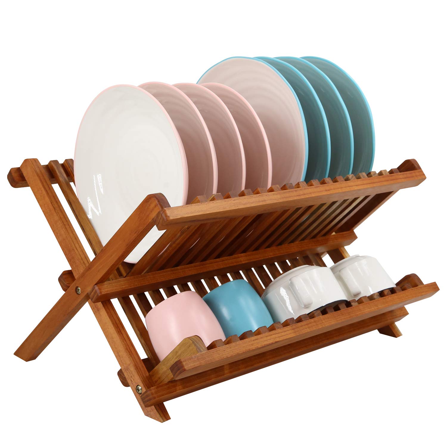Utoplike teak dish rack foldable 2-tier keeps plates organized while drying.