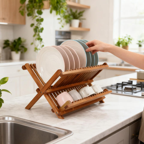 Utoplike teak dish rack hand-finished for lasting durability in kitchens.
