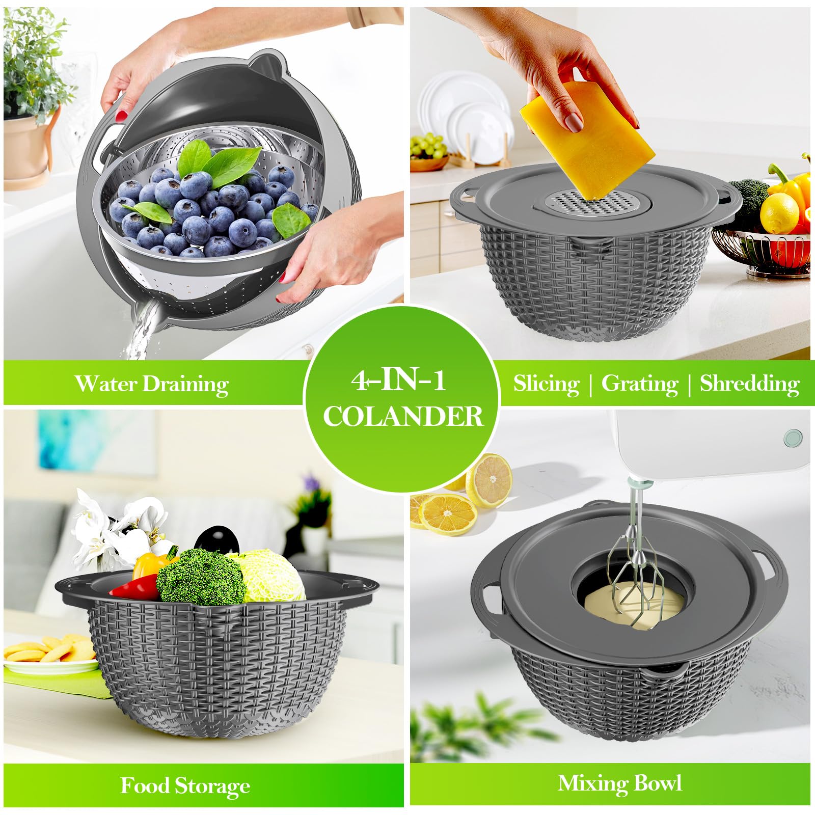 UTTKOJ colander pivot system grey keeps food in place while draining.