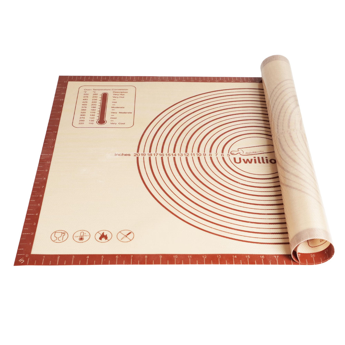 UWILLION silicone pastry mat laid flat for easy dough rolling and nonstick precision.