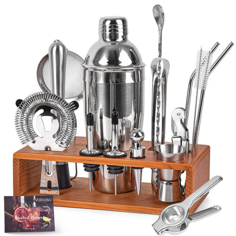 Vabaso bartender kit on stand with stainless shaker for pro home cocktails.