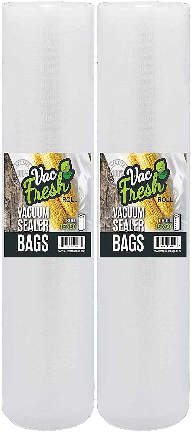 Vac-Fresh Roll 15x50 roll showing wide, heavy-duty bags for bulk food storage.