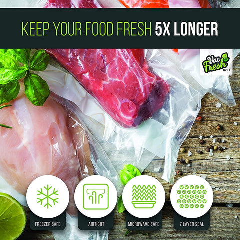 Vac-Fresh Roll 3.5 mil bags highlighting strength and airtight seal.