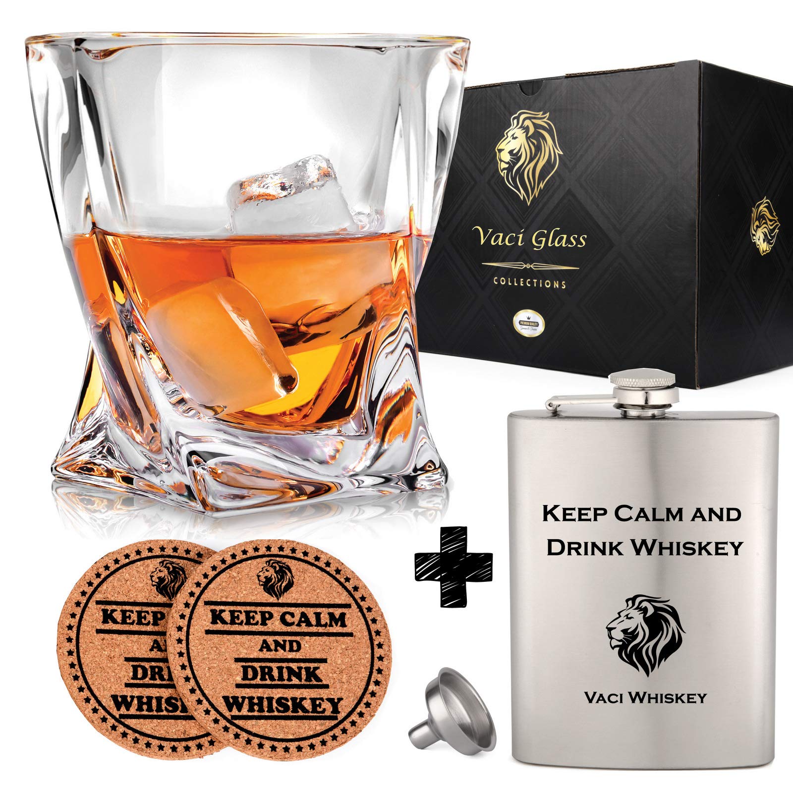 Stainless steel flask included with VACI GLASS set for portable whiskey moments