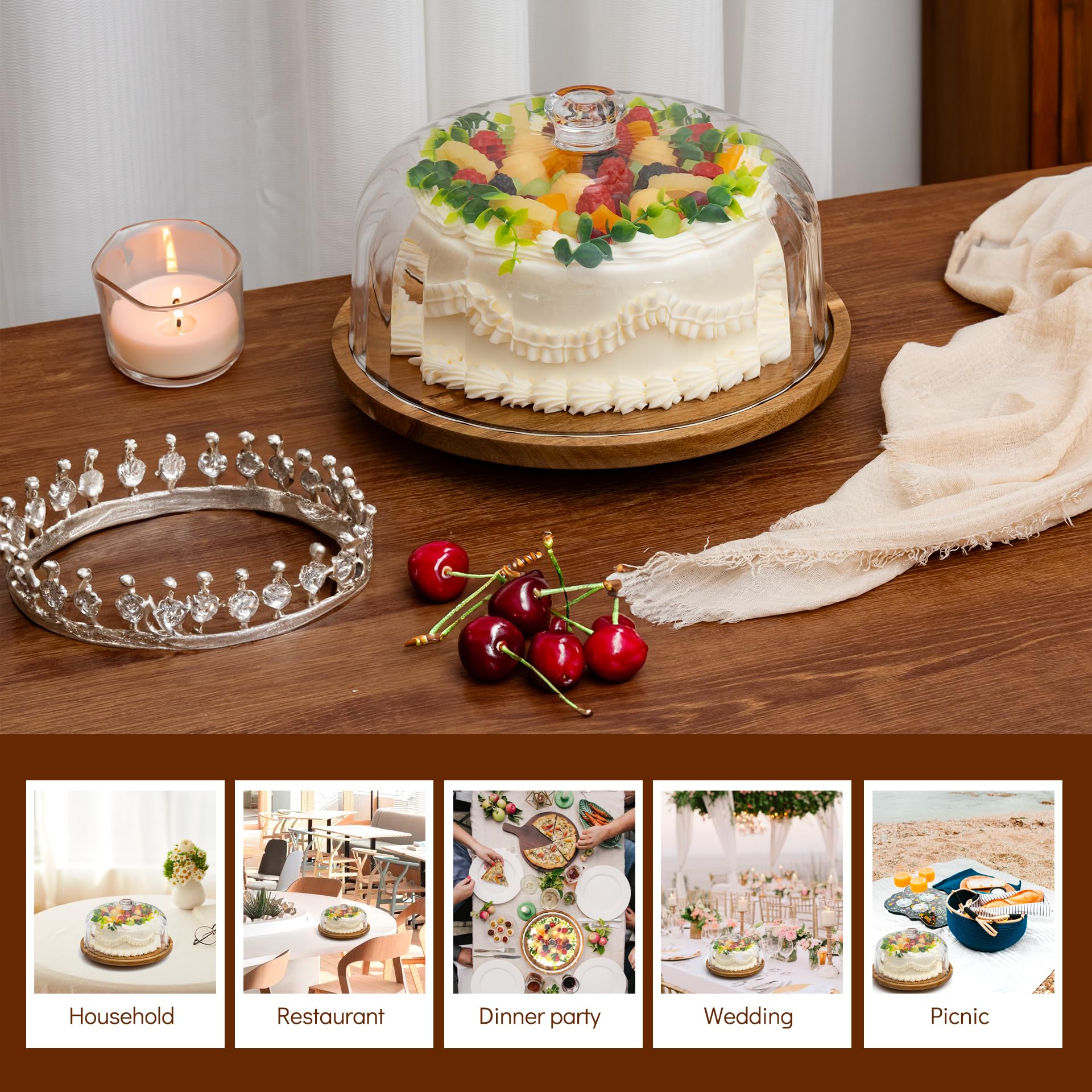 Vacream acacia wood cake stand highlights natural grain and sturdy construction.