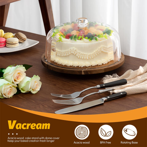 Vacream rotating cake stand enables smooth, 360-degree slicing and serving.