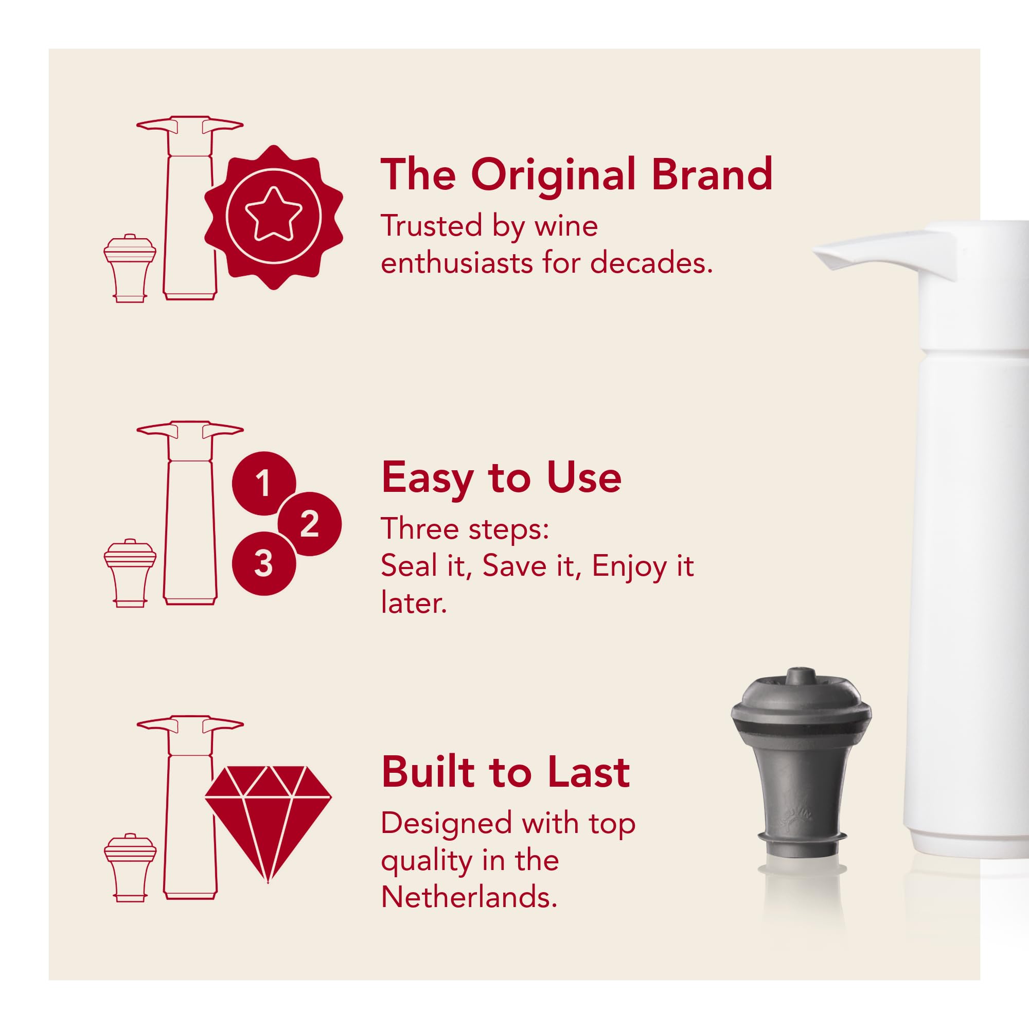 Vacuvin airtight-seal-system ensures flavor retention for both red and white wines.